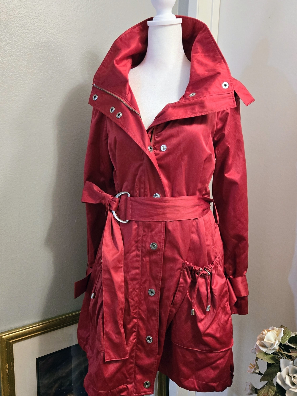 Bebe Deep Shiny Pink Belted Trench Coat Zip Up Button Front Pockets Size M